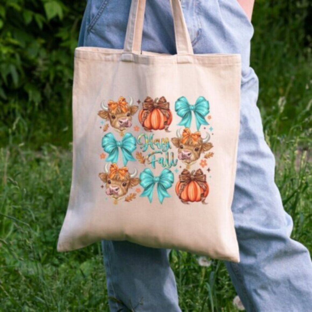 Hay Fall Highland Cow Tote Bag 100% Cotton 15x16